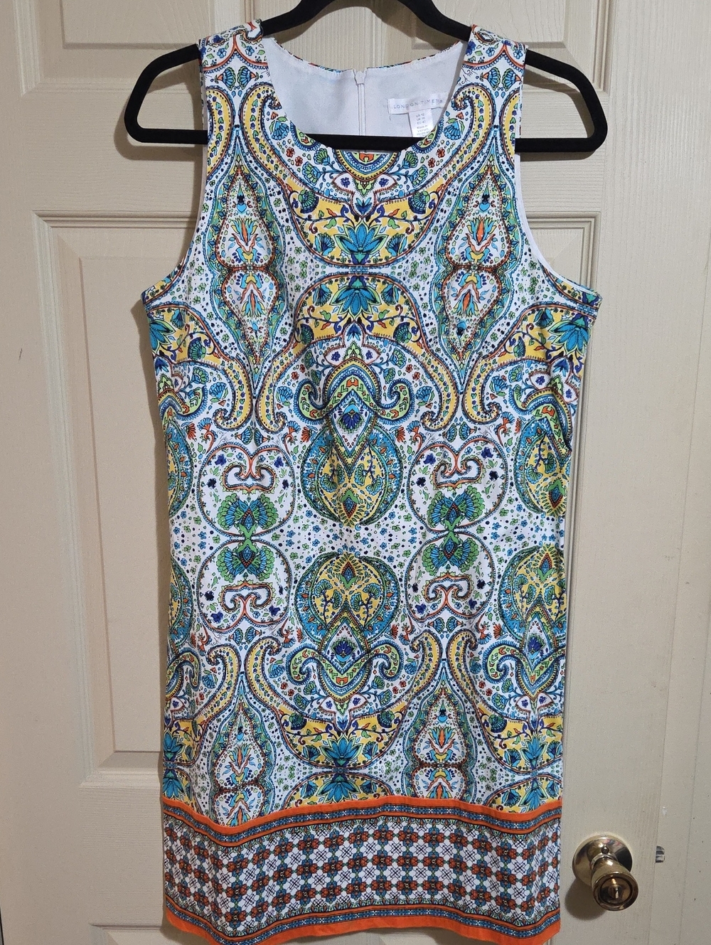 London Times White Paisley-Print Midi Sheath with Blue, Green & Yellow Accents